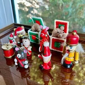 Lot of 10 Vintage Christmas Ornaments Wood & Plastic Canvas Holiday Set
